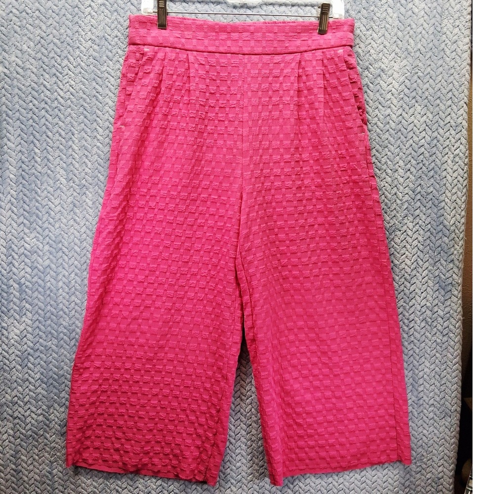 Umgee Pink Textured Wide Leg Culotte Pants Womens Medium R0870 Hot Pink Cropped